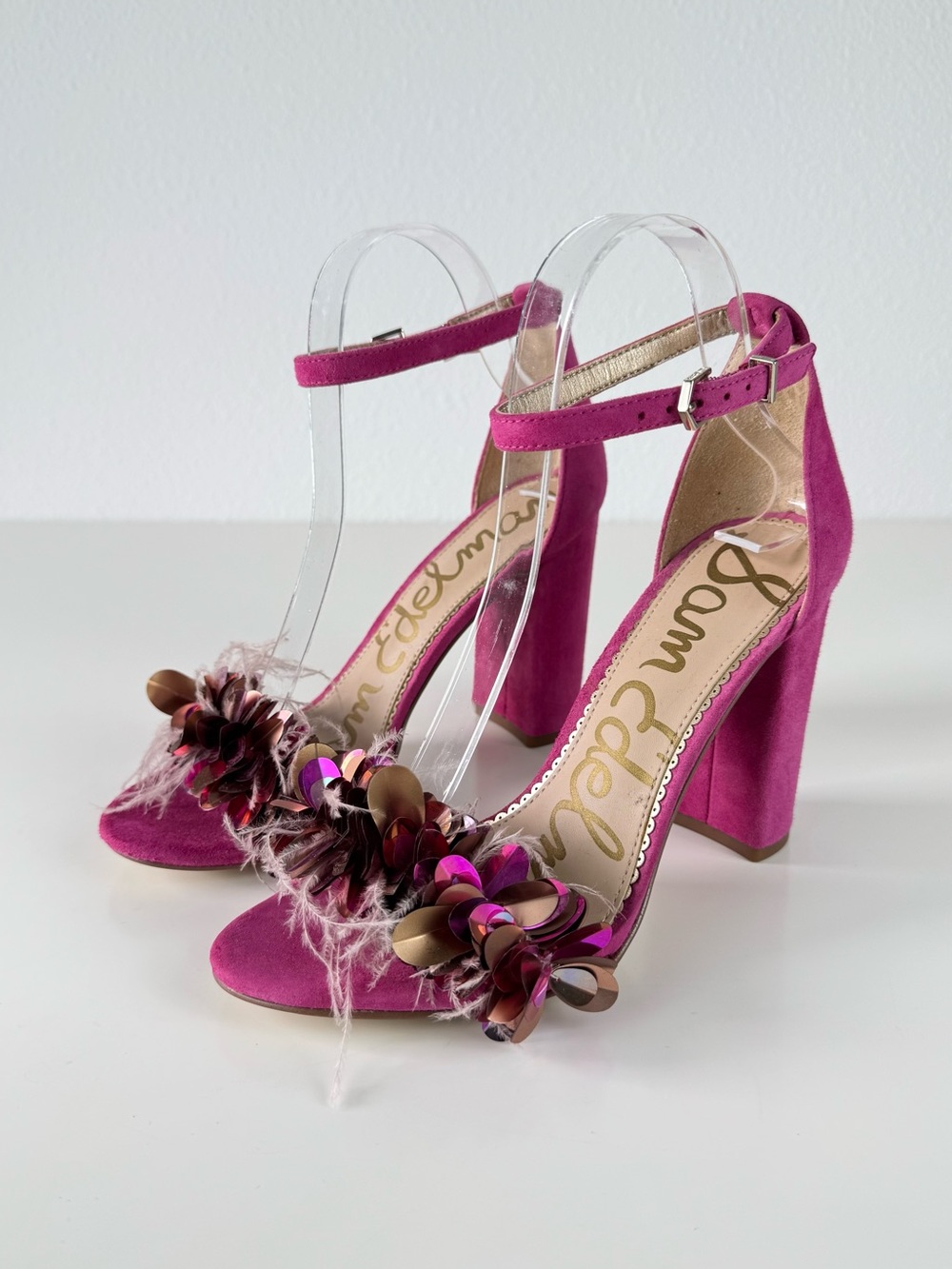 Sam Edelman Yal Heels Pink Suede, Sequins, Feathers Ankle Strap Size 7.5